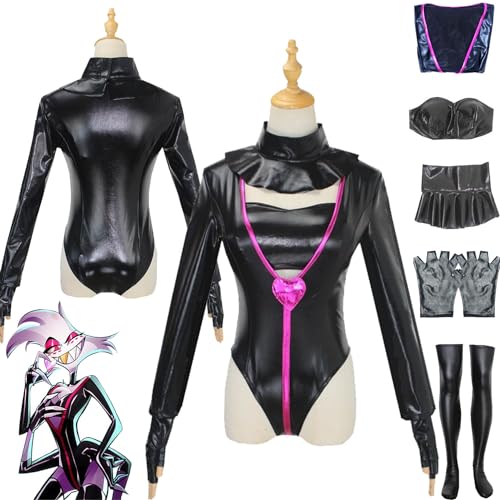 XLJLKJDS Anime Hazbin Hotel Angel Dust Cosplay Kostüm Outfit Rolle Paly Schwarze Uniform Leder Overall Komplettes Set Halloween Karneval Party Dress Up Anzug für Frauen Mädchen von XLJLKJDS