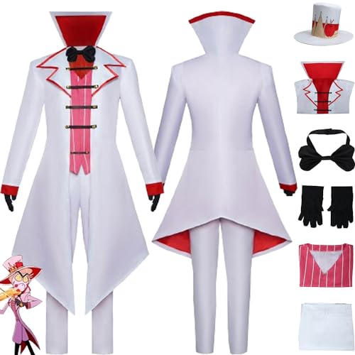 XLJLKJDS Anime Hazbin Hotel Lucifer Morningstar Cosplay Kostüm Outfit Rollenspiel Uniform Weiße Jacke Komplettset Halloween Karneval Party Dress Up Anzug mit Hut für Männer Jungen von XLJLKJDS