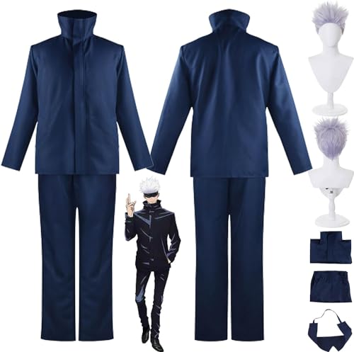 XLJLKJDS Anime Jujutsu Kaisen Gojo Satoru Cosplay Kostüm Outfit Blaue Uniform Komplettset Halloween Karneval Party Dress Up Anzug Mit Augenmaske Perücke von XLJLKJDS