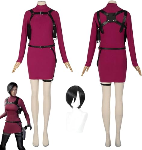 XLJLKJDS Game Resident 4 Remake Ada Wong Cosplay Kostüm Outfit Ashley Graham Rosa Kleider Uniform Perücke Komplettset Halloween Karneval Party Dress Up Anzug von XLJLKJDS