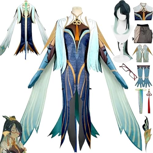 XLJLKJDS Genshin Impact Cloud Retainer Cosplay Kostüm Outfit Spielzeugfigur Uniform Perücke Ohrring Kopfschmuck Brille Komplettset Halloween Party Dress Up Anzug von XLJLKJDS