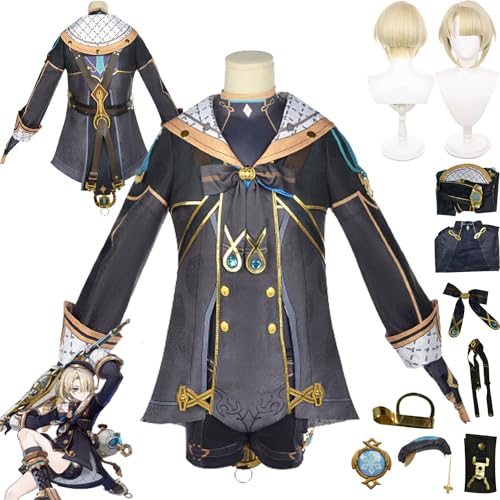 XLJLKJDS Genshin Impact Freminet Cosplay Kostüm Outfit Spielcharakter Wriothesley Uniform Komplettset Halloween Party Karneval Dress Up Anzug mit Hut Perücke für Männer Jungen von XLJLKJDS