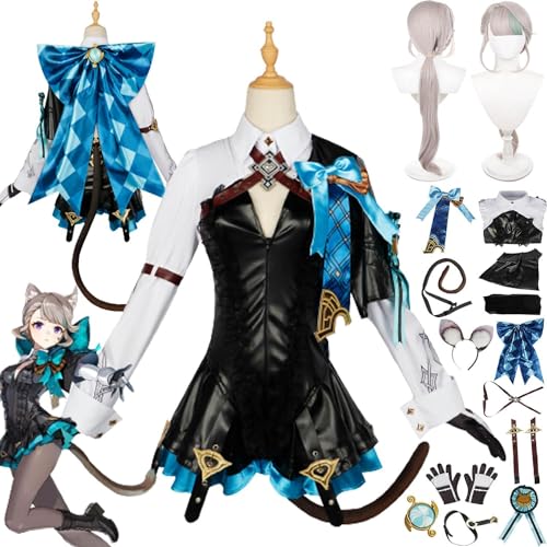 XLJLKJDS Genshin Impact Lynette Cosplay Kostüm Outfit Spielcharakter Uniform Komplettset Halloween Party Dress Up Anzug Mit Kopfbedeckung Schwanz Perücke von XLJLKJDS