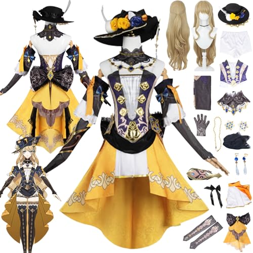 XLJLKJDS Genshin Impact Navia Cosplay Kostüm Outfit Spielcharakter Chiori Uniform Komplettes Set Halloween Karneval Dress Up Anzug mit Kopfschmuck Perücke Hut Ohrringe für Frauen Mädchen von XLJLKJDS