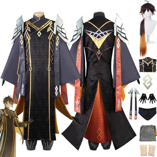 XLJLKJDS Genshin Impact Zhongli Morax Cosplay Kostüm Outfit Spielzeugfiguren Zhong Li Neue Hautuniform Komplettset Halloween Karneval Party Dress Up Anzug Mit Perücke von XLJLKJDS