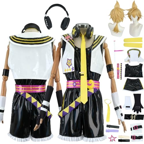 XLJLKJDS Muse Dash Miku Len Rin Cosplay Kostüm Outfit Spielcharakter Uniform Komplettes Set Halloween Karneval Party Dress Up Anzug mit Perücke Kopfschmuck Kopfhörer für Männer Jungen von XLJLKJDS