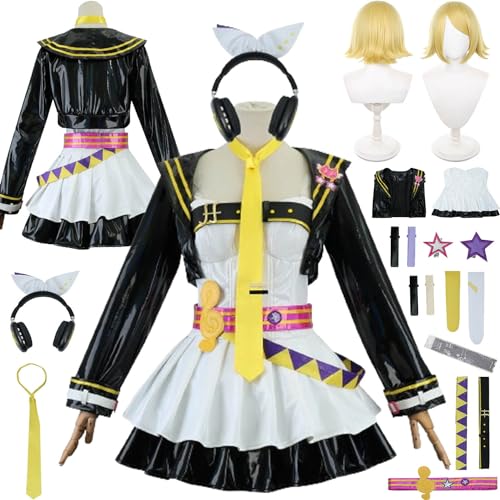 XLJLKJDS Muse Dash Miku Rin Len Cosplay Kostüm Outfit Spielcharakter Uniform Komplettes Set Halloween Karneval Party Dress Up Anzug mit Perücke Kopfschmuck Kopfhörer für Frauen Mädchen von XLJLKJDS