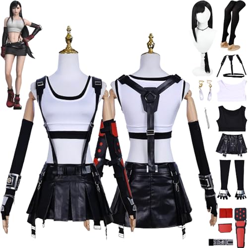 XLJLKJDS Spiel Final Fantasy VII Remake Tifa Lockhart Cosplay Kostüm Outfit Schwarze Uniform Komplettes Set Halloween Karneval Dress Up Anzug mit Perücke Kopfschmuck Ohrringe für Frauen Mädchen von XLJLKJDS