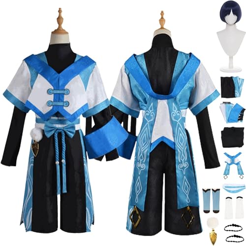 XLJLKJDS Spielfigur Scaramouche Cosplay Kostüm Outfit Genshin Impact Blaue Uniform Perücke Komplettset Halloween Karneval Party Dress Up Anzug von XLJLKJDS