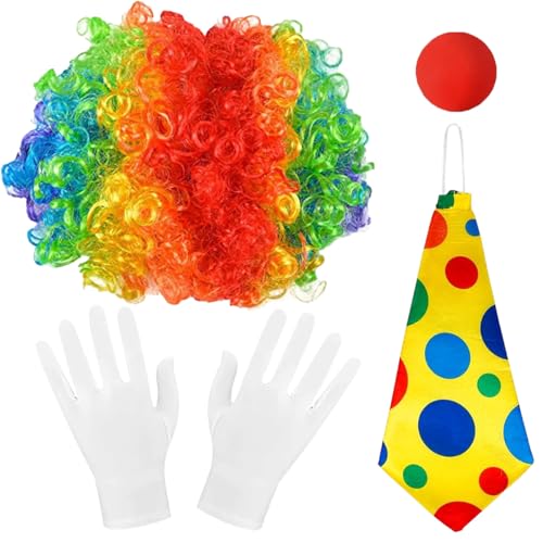 4 Stück Clown Kostüm Accessoire, Clown Kostüm Set, Clown Lockenperücke + Clownsnase + Bunte Krawatte + Handschuhe, Clown Kostümzubehör für Frauen Männer Karneval Cosplay Zirkus Party Requisiten von XLZJYIJ