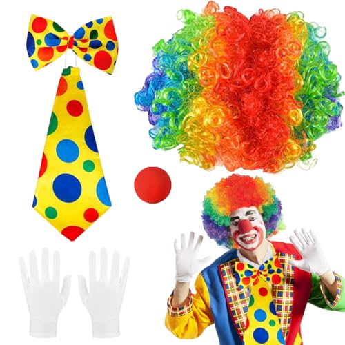 5 Stück Clown Kostüm Accessoire, Clown Kostüm Set, Clown Lockenperücke + Clownsnase + Bunte Krawatte + Handschuhe, Clown Kostümzubehör für Frauen Männer Karneval Cosplay Zirkus Party Requisiten von XLZJYIJ