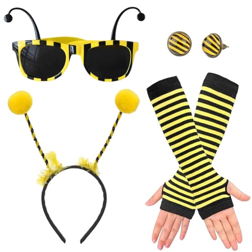 Bienen Kostüm Set, 4 Stück Bienen Kostüm für Kinder Mädchen Erwachsen Enthalten Antenne Stirnband Brille Lange Handschuhe Ohrringe, Biene Costume Accessories, 4PCS Deguisement Abeille Femme Fille (mf) von XLZJYIJ