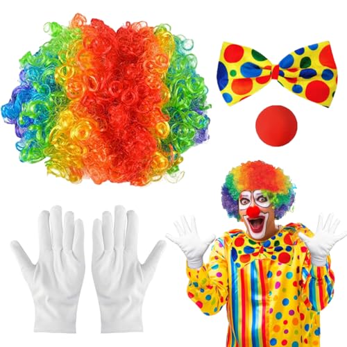 4 Stück Clown Kostüm Set, Clown Kostüm Accessoire, Clown Kostüm, Clown Lockenperücke, Clown Fliege, Clown Nase, Weiß Handschuhe für Herren Damen Karneval Fasching Cosplay von XLZJYIJ