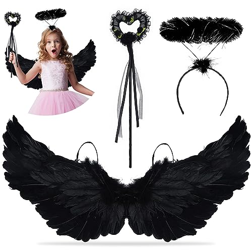 XLZJYIJ EngelFlügel Schwarz, 3 Stück Schwarz Federnflüge mit Heiligenschein und Zauberstab, 60 cm Teufel Flügel Kinder, Engel Flügel Kostüm für Cosplay Karneval Halloween Party Fasching Kostüme von XLZJYIJ