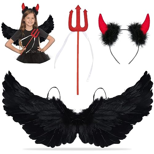 XLZJYIJ Engelflügel Schwarz, 3 Stück Teufel Federnflüge mit Teufel Horn und Rot Heugabel, 60 cm Teufel Flügel Kinder, Engel Flügel Kostüm für Cosplay Karneval Halloween Party Fasching Kostüme von XLZJYIJ