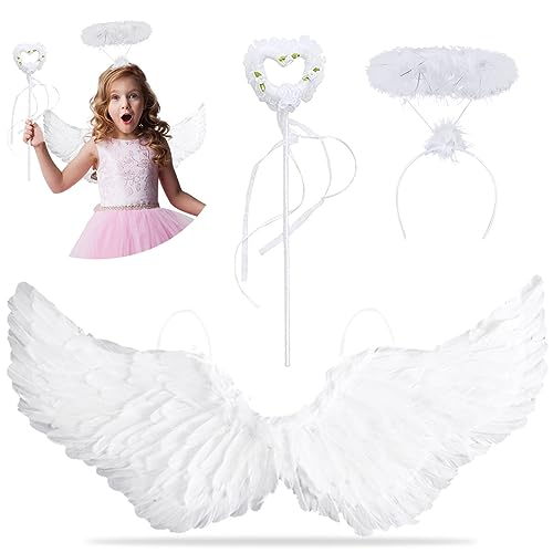 XLZJYIJ Engelflügel Weiß, 3 Stück Weiß Federnflügel mit Heiligenschein und Zauberstab,60 cm Weiß Engel Kostüm Set, Engel Flügel Kinder für Cosplay Karneval Halloween Party Fasching Kostüme von XLZJYIJ