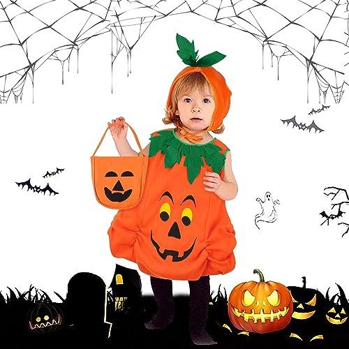 Kostüm Kürbis Kinder, Kürbiskostüm Halloween mit Hut Mütze und Halloween Süssigkeiten Beutel, Kleinkind Halloween Kostüm, Pumpkin Halloween Cosplay Party Kleidung Mädchen Jungen für 1-7 Jahre (M) von XLZJYIJ