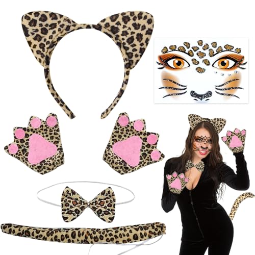 Leoparden Kostüm Set, Leoparden Kostüm Damen, Leoparden Katzenohren Handschuhe Schwanz Und Fliege, Leopard Gesicht Kunst Aufkleber, Ohren Stirnband Set für Karneval Dschungel Party Maskerade Fasching von XLZJYIJ