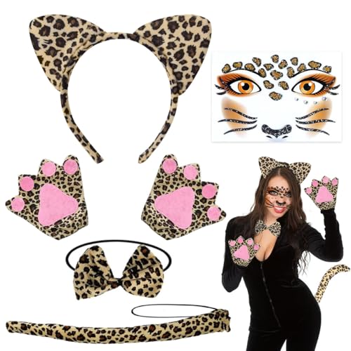 Leoparden Kostüm Set, Leoparden Kostüm Damen, Leoparden Katzenohren Handschuhe Schwanz Und Fliege, Leopard Gesicht Kunst Aufkleber, Ohren Stirnband Set für Karneval Dschungel Party Maskerade Fasching von XLZJYIJ