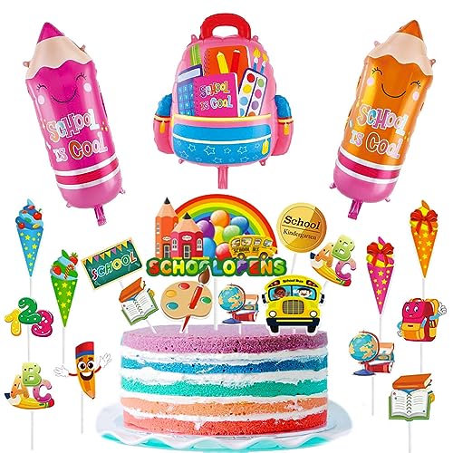 Schulanfang Tortendeko, Kuchendeko Einschulung, Schuleinführung Kuchen Dekorationen ABC 123, Luftballons Einschulung Mädchen, Einschulung Zuckertüte Cake Topper für Schulkind Deko Mädchen von XLZJYIJ