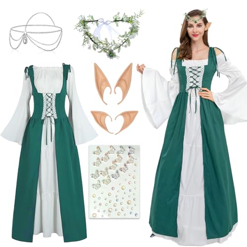 XLZJYIJ Mittelalter Kostüm Damen, Mittelalter Renaissance Kleid, Renaissance Kostüme Kleid mit Kopf Kette Blumenkranz Elfenohren Aufkleber, Mittelalter Kleidung Damen Set für Karneval Fasching von XLZJYIJ