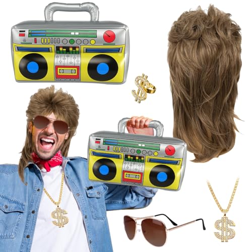 Perücke Kostüm Set, 5 in 1 Vokuhila Set mit Aufblasbare Radio Perücke Sonnenbrille Halskette Ring Gold, Hip Hop Kostüm, Hippie Perücke Herren, 70er 80er Jahre Perücke Disco Hippie Kostüm Set von XLZJYIJ