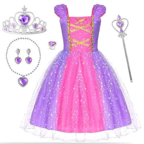 Prinzessin Kostüm Mädchen, Prinzessin Rapunzel Lang Kleid mit Krone Diadem Zauberstab Halskette Ohrringe und Ringe, Puffärmel Prinzessin Kostüm Kinder für Karneval Halloween Hochzeit Geburtstag Party von XLZJYIJ