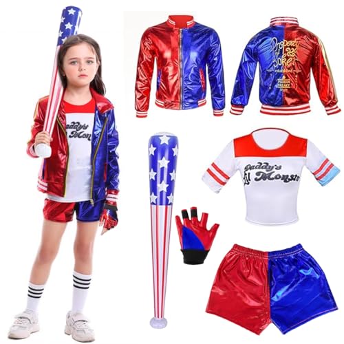 Quinn Kostüm Kinder, Halloween Karneval Cosplay Costume, Kinderkostüm Harley Quinn Cosplay Kostüm Enthalten Jacke, T-Shirt, Shorts, Handschuh und Bösewicht, Kinder Kostüm Cosplay Costume Mädchen(140) von XLZJYIJ