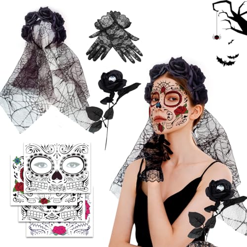 XLZJYIJ Tag der Toten Haarreif Halloween, Tag der Toten Schleier mit Halloween Gesicht Tattoos Blumen Rose Spitzenhandschuhe, Mexikanische Stirnband Rosen, Kopfschmuck Halloween Damen von XLZJYIJ