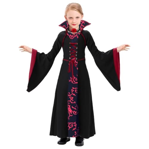 Vampir Kostüm Kinder Mädchen, Gothic Vampirkostüm Halloween, Vampir Kleid Verkleidung mit Halskette, Kinder Vampirkönigin Kostüm, Royal Dracula Kostüm für Halloween Fasching Karneval Cosplay (150) von XLZJYIJ