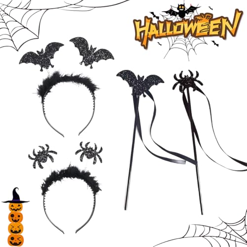 XLZJYIJ 4 PCS Halloween Haarreif Set, Halloween Spinnen Stirnband und Fledermaus Haarband mit Zauberstab, Halloween Spinnen Stirnband mit Plüsch & Glitzereffekt für Halloween Karneval Kostüm Party von XLZJYIJ