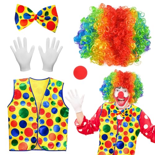 XLZJYIJ 5 Stück Clown Kostüm Accessoire, Clown Kostüm Set, Clown Kleidung + Clown Lockenperücke + Clownsnase + Bunte Krawatte + Handschuhe, Clown Kostüm Erwachsene Set für Karneval Zirkus Requisiten von XLZJYIJ