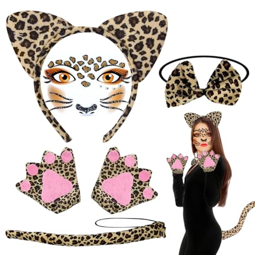 XLZJYIJ Leopard Kostüm Set, 5 Stück Leoparden Ohren Stirnband Set, Leopard Gesicht Kunst Aufkleber, Leoparden ohren Haarreif, Handschuhe, Schwanz, Fliege, für Karneval Party Dekoration Zubehör von XLZJYIJ