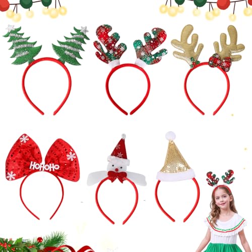 XLZJYIJ 6 Stück Haarreifen Weihnachten Stirnband Weihnachten Kopfschmuck, Weihnachts Haarreif Rentier Geweih Weihnachtsbaum Weihnachtsmütze, Weihnachts-Stirnbänder für Erwachsene und Kinder von XLZJYIJ