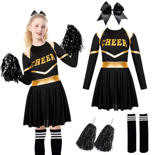 XLZJYIJ Cheerleader Kostüm Kinder, Cheerleading Langarm Uniform Outfits mit Pompoms, Socken und Kopfschmuck, Cheerleading Uniform Kleid, Girl Schwarz Cheerleader Kostüm für Karneval(120) von XLZJYIJ