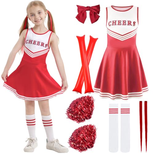 XLZJYIJ Cheerleader Kostüm Kinder Kleid, Kinder Cheer Outfit mit Pompoms, Socken und Kopfschmuck, Cheerleadering Outfit Mädchen, Girl Rot Cheerleader Kostüm, Faschingskostüme kinder Cheerleading von XLZJYIJ