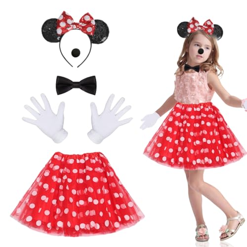 XLZJYIJ Damen Maus Mouse Kostüm, Maus Mouse Kostüm Set, Mouse Tutu Rock Haarreifen mit Maus Ohren Handschuhe Nase Fliege Schleife für Halloween Thema Party Cosplay Party Faschingskostüme von XLZJYIJ