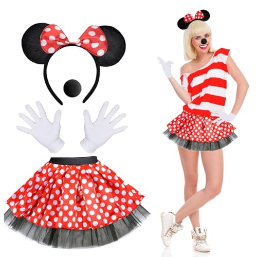 XLZJYIJ Damen Maus Mouse Kostüm, Maus Mouse Kostüm Set, Mouse Tutu Rock Haarreifen mit Maus Ohren Handschuhe Nase für Halloween Thema Party Cosplay Party Faschingskostüme von XLZJYIJ