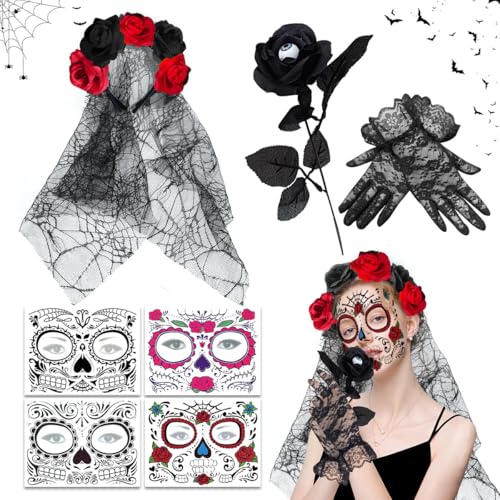 XLZJYIJ Halloween Kostüm Damen Dia de Los Muertos Haarreif Schleier, Halloween Kopfschmuck Haarband mit Tag Der Toten Künstliche Blumen Rose, Spitzenhandschuhe, Halloween Gesicht Tattoos von XLZJYIJ