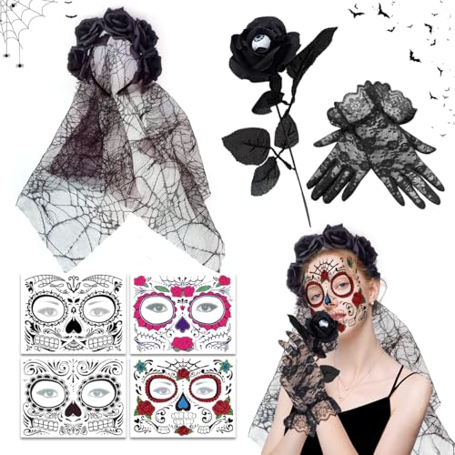 XLZJYIJ Halloween Kostüm Damen Dia de Los Muertos Haarreif Schleier, Halloween Kopfschmuck Haarband mit Tag Der Toten Künstliche Blumen Rose, Spitzenhandschuhe, Halloween Gesicht Tattoos von XLZJYIJ