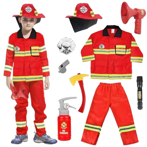 XLZJYIJ Feuerwehrmann Kostüm Kinder, Feuerwehr Kostüm Kinder mit Feuerwehrhelm Feuerwehrmann Spielzeug, Feuerwehr Rollenspiel Set, Feuerwehrmann Verkleidung für Jungen Mädchen für Karneval, Fasching von XLZJYIJ