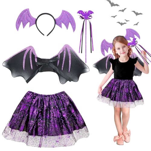 XLZJYIJ Fledermaus Kostüm Kinder Set, 4 Stück Fledermaus Flügel Kostüm Mädchen, Halloween Fledermaus Kostüm Kinder Set mit Flügel, Tutu Rock, Zauberstab und Haarreif für Halloween, Karneval Cosplay von XLZJYIJ