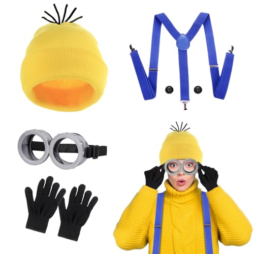 XLZJYIJ Gelbes Kostüm Set, 5 Stück Karneval Kostüm Kinder/Erwachsener, Schutzbrillen, Schwarze Handschuhe und Tasten, Gelbe Beanie Mütze, Blaue Hosenträger, Kostüm Zubehör für Halloween Karneval Film von XLZJYIJ