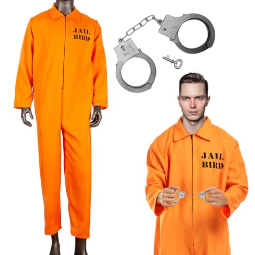 XLZJYIJ Häftling Kostüm Herren, Orange GefäNgnis Kostüm, Sträfling Kostüm, Orangener Overall, Gefangenenkostüm Halloween Cosplay für Sträflinge, Gefangene, Und Räuber - Größe L von XLZJYIJ