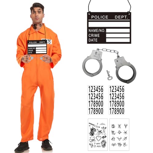 XLZJYIJ Häftling Kostüm Herren, Orange GefäNgnis Kostüm, Sträfling Kostüm, Orangener Overall, Gefangenenkostüm Karneval Cosplay für Sträflinge, Gefangene, Räuber - Größe L/XL von XLZJYIJ