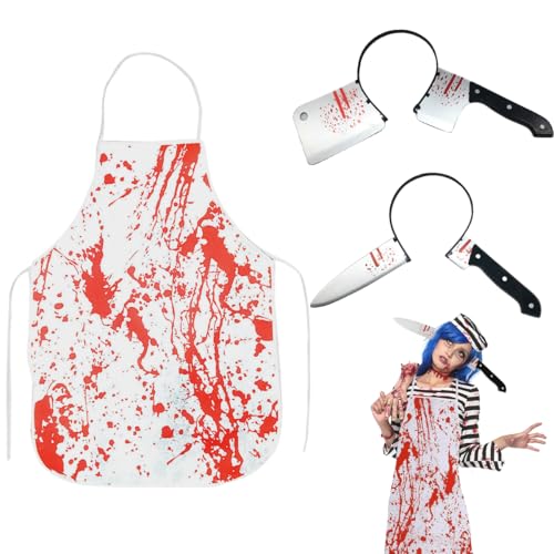 XLZJYIJ Halloween Messer Haarband mit Blutige Schürze, Halloween Metzger Kostüm, Halloween Horror Stirnband, Metzger Schürze Halloween, Horror Dress Up für Frauen Männer Erwachsene von XLZJYIJ