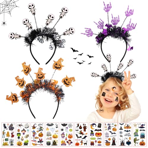 XLZJYIJ Halloween Haarreif Set, Halloween Kopfbedeckungen mit Halloween Tattoo Aufkleber, Halloween Skelett Stirnband Kürbis Kopfschmuck Stirnband Skelett Hand Haarbänder für Halloween Party Cosplay von XLZJYIJ