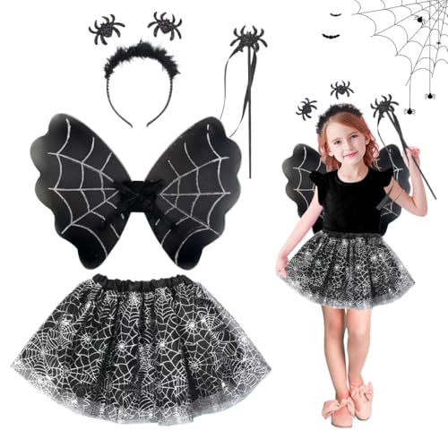 XLZJYIJ Fledermaus Kostüm Kinder Set, 4 Stück Fledermaus Flügel Kostüm Mädchen, Halloween Fledermaus Kostüm Kinder Set mit Flügel, Tutu Rock, Zauberstab und Haarreif für Halloween, Karneval Cosplay von XLZJYIJ