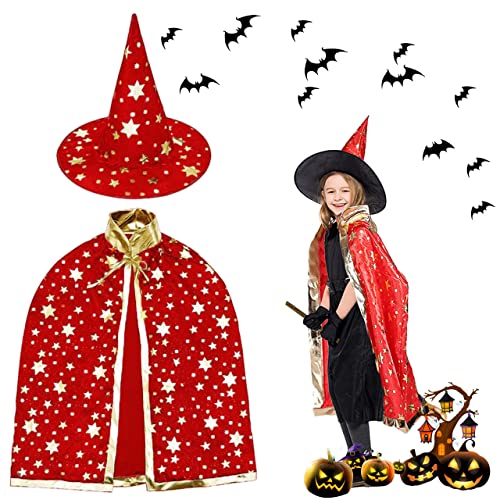 XLZJYIJ Kinder Halloween Kostüm, Zauberer kostüm kinder, Zauberer Mantel, Kinder Zauberer verkleiden, Wizard Cape Witch Umhang mit Hut, Zauberer Mantel mit Requisiten für Cosplay Party von XLZJYIJ