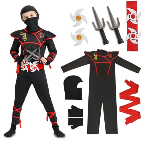 XLZJYIJ Ninja Kostüm Kinder, Halloween Kostüm Kinder, Jungen Ninja Cosplay Set mit Handschuhen Darts Bajonett, Ninja Anzug Kinder für Halloween Verkleidung Karneval Party Cosplay, Rot Schwarz von XLZJYIJ